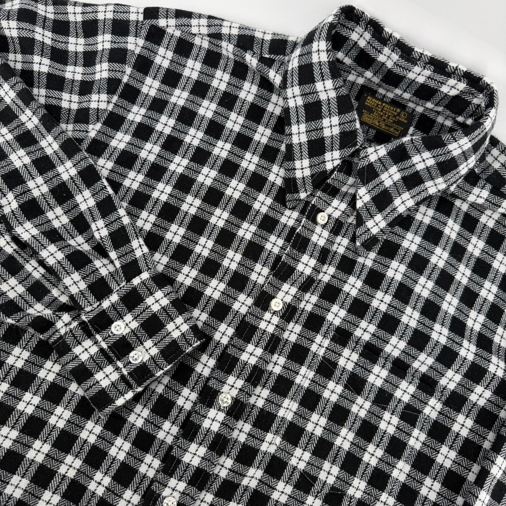 Vintage Sears Perma-Prest Button Down Shirt Mens L Black White Plaid Long Sleeve